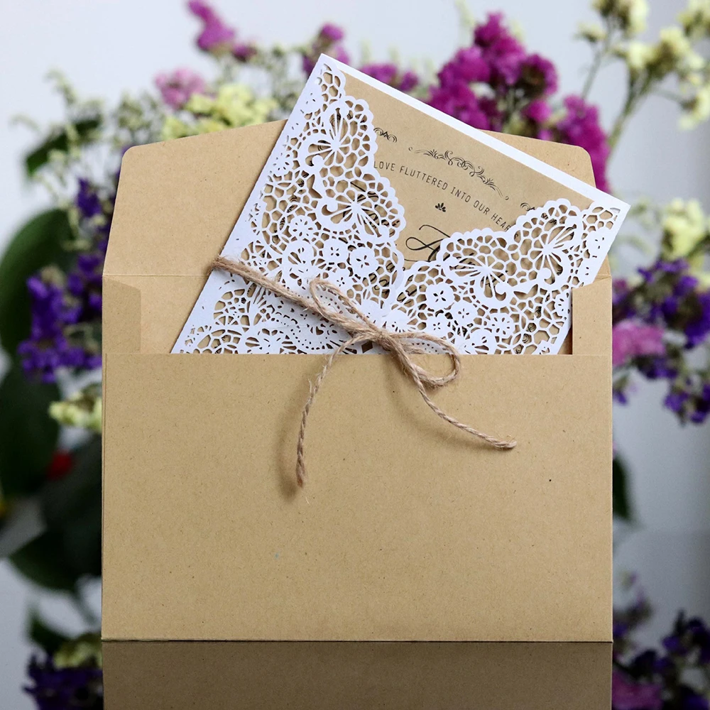  10pcs Laser Cut Wedding Invitations Card Brown Paper Fashion Shapes Cards Supplie With a Rope Elega - 33024011011
