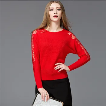 

Autumn Women Sweater 2017 Winter O Neck Lace Sleeve Knitted Pullover Female Casual Knitwear Long Sleeve Femme red Sweater