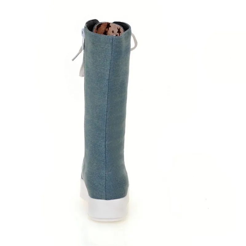Fashion Canvas Lace Up Women Knee High Boots Round Toe Short Plush Women Snow Boots Tall Punk Casual Flat Platform Shoes Boots (3)