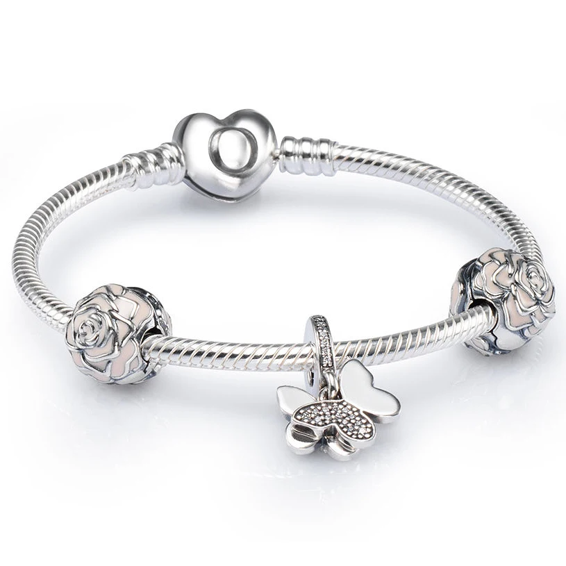 

100% 925 Sterling Silver Brand New 1:1 Charm Elegant Charming Butterfly and Rose Bracelet Set Original Fashion Fit DIY Gift