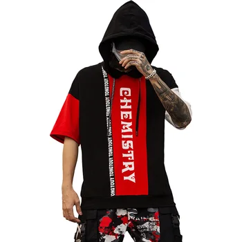 

Men Tshirt Summer Short Sleeve Hooded T Shirt Male Streetwear Hip Hop Punk Loose Casual Harajuku Spliced Print Tees Shirts