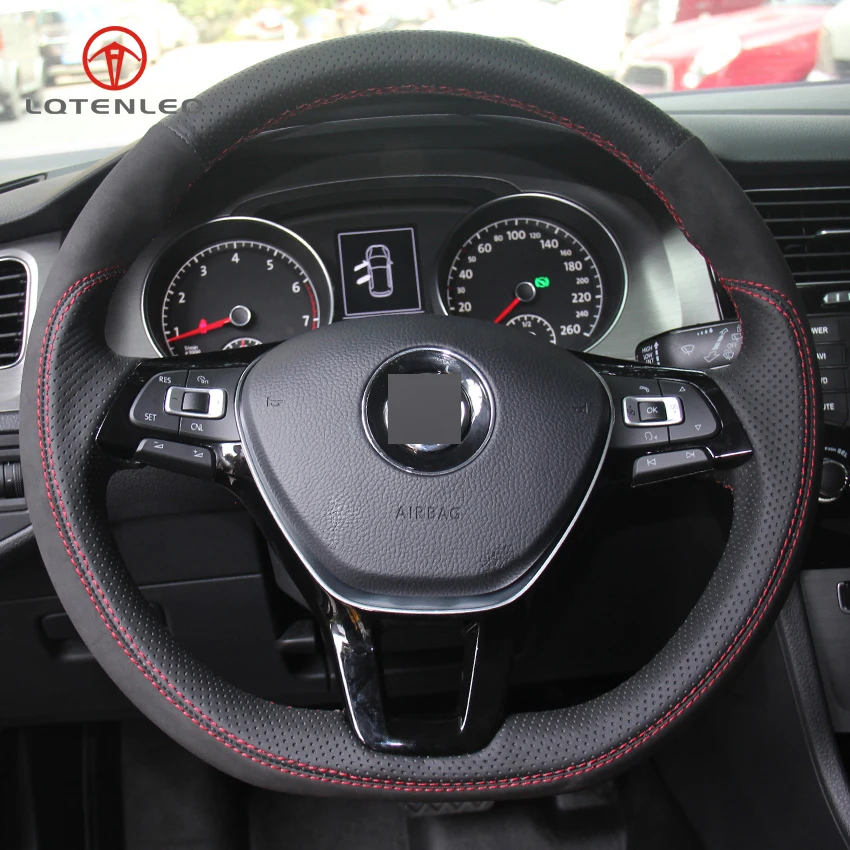 

LQTENLEO Black Genuine Leather Suede DIY Car Steering Wheel Cover for Volkswagen VW Golf 7 Mk7 New Polo Jetta Passat B8 Tiguan