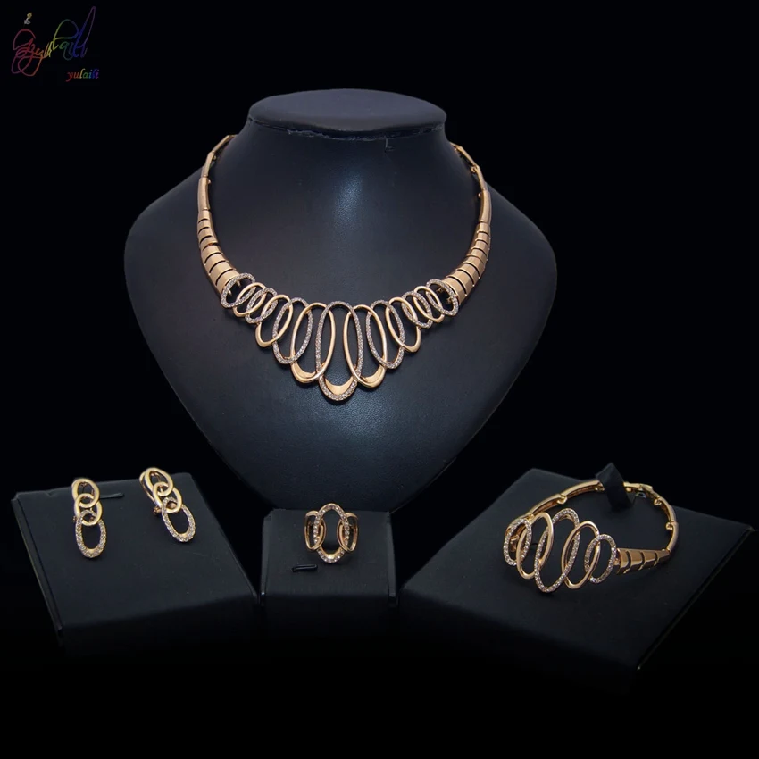 

YULAILI High Quality Fashion Necklaces Bracelet Earrings Ring Gold Color Jewelry Set with Jewelry Box for Women