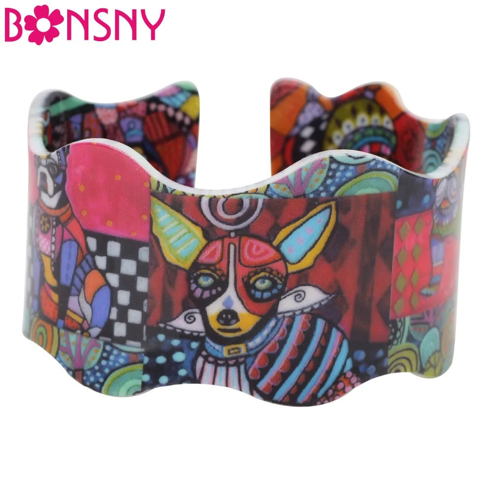 Bonsny Acrylic Cute Colorful Pattern Chihuahua Dog Bangles News 2017 Fashion Jewelry Women Girl Spring Summer Bracelets Charm | Украшения и