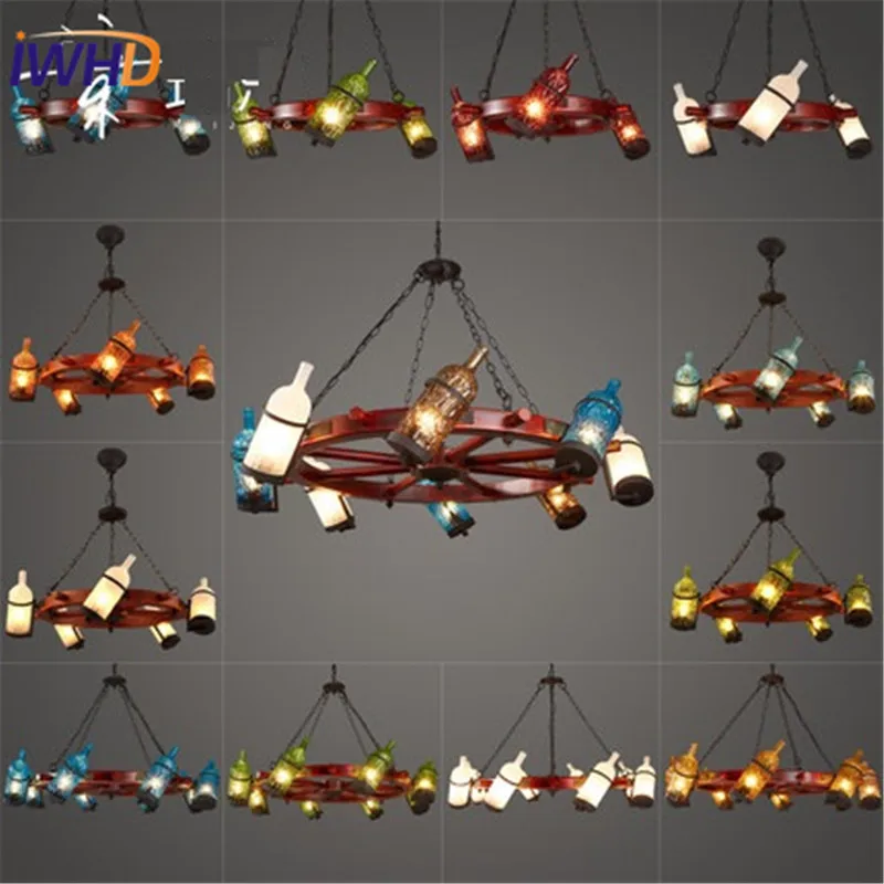 

IWHD American Simple Glass Droplight Vintage Circular Wooden Ship LED Pendant Light Fixtures Colored Bott Hanging Lamp Lighting