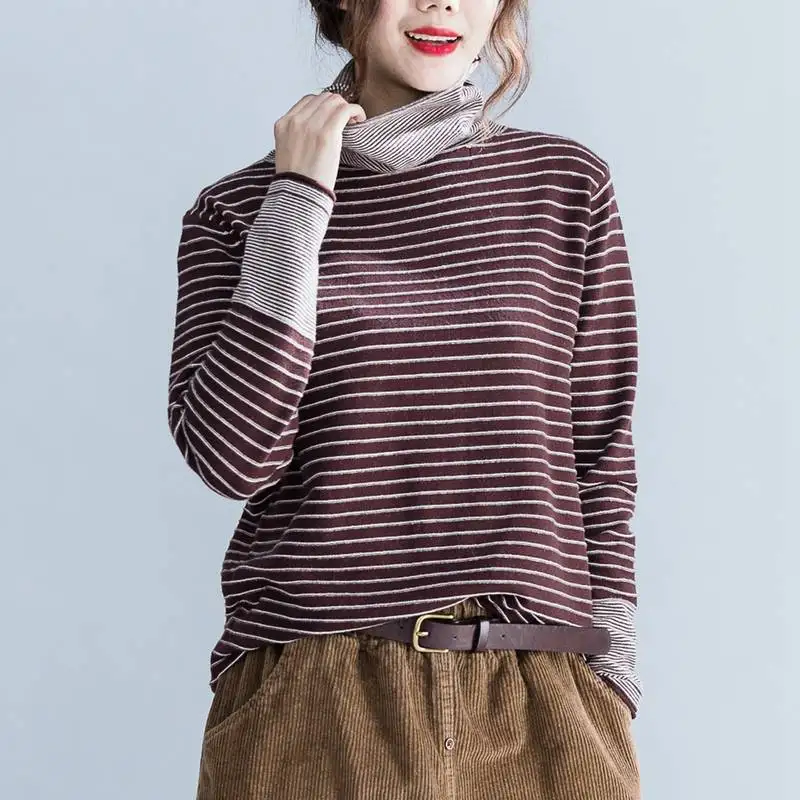 

Winter Women Sweatshirt Striped Turtleneck Cotton Long Sleeve Vintage Pullovers Loose Warm Plus Size Knit Sweatshirt