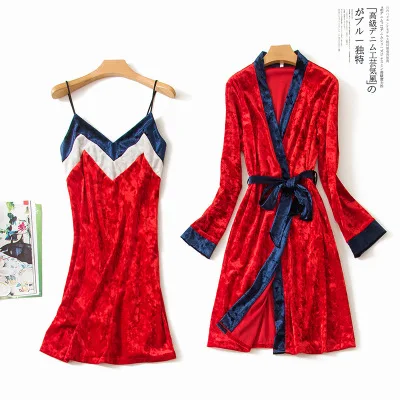 Luxury Women Velvet Robe and Gown Set Contrast Clor Nightdres Two Piece Autumn Winter Sleepwear Homewear High Grade | Женская одежда