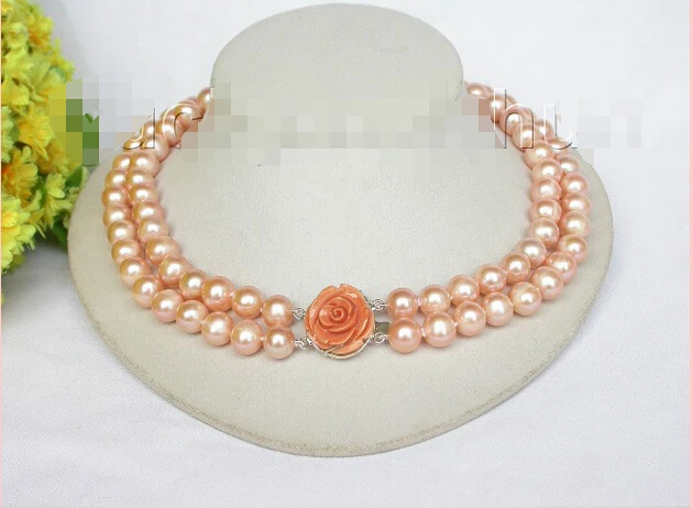 

shipping luster 17" 11mm 2row round pink pearls necklace 925 silver coral clasp j8615