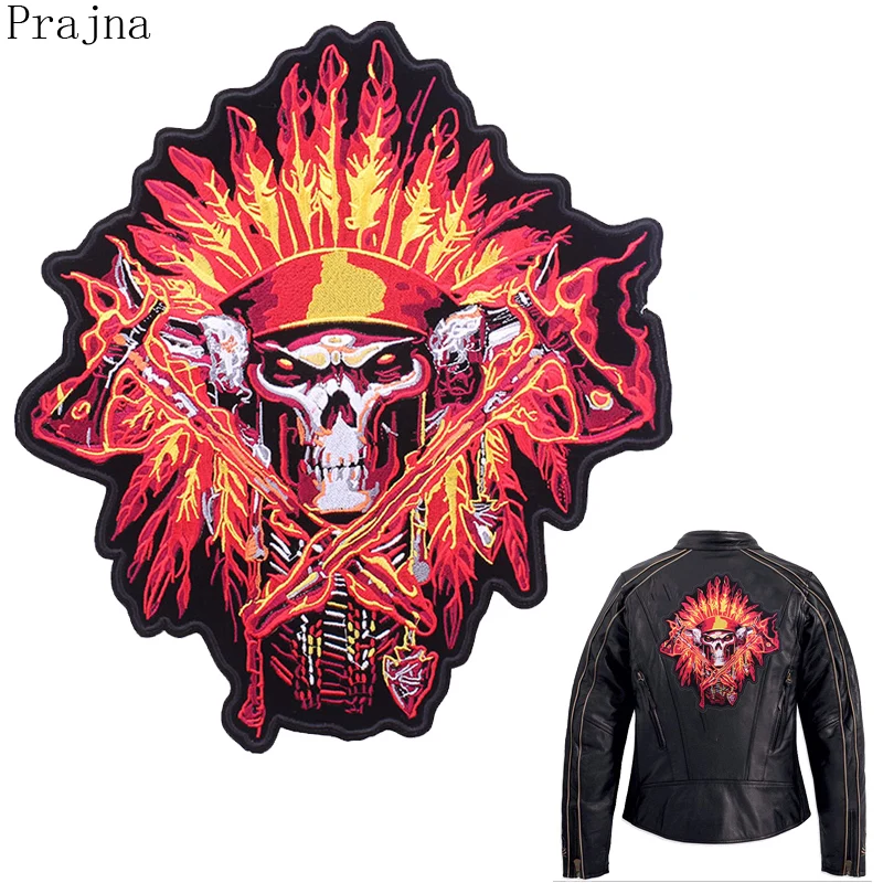 

Prajna Skull Patch Motorcycle Large Biker Patch Iron On Embroidered Patches For Clothes Stripes Applique Punk Rock Jacket