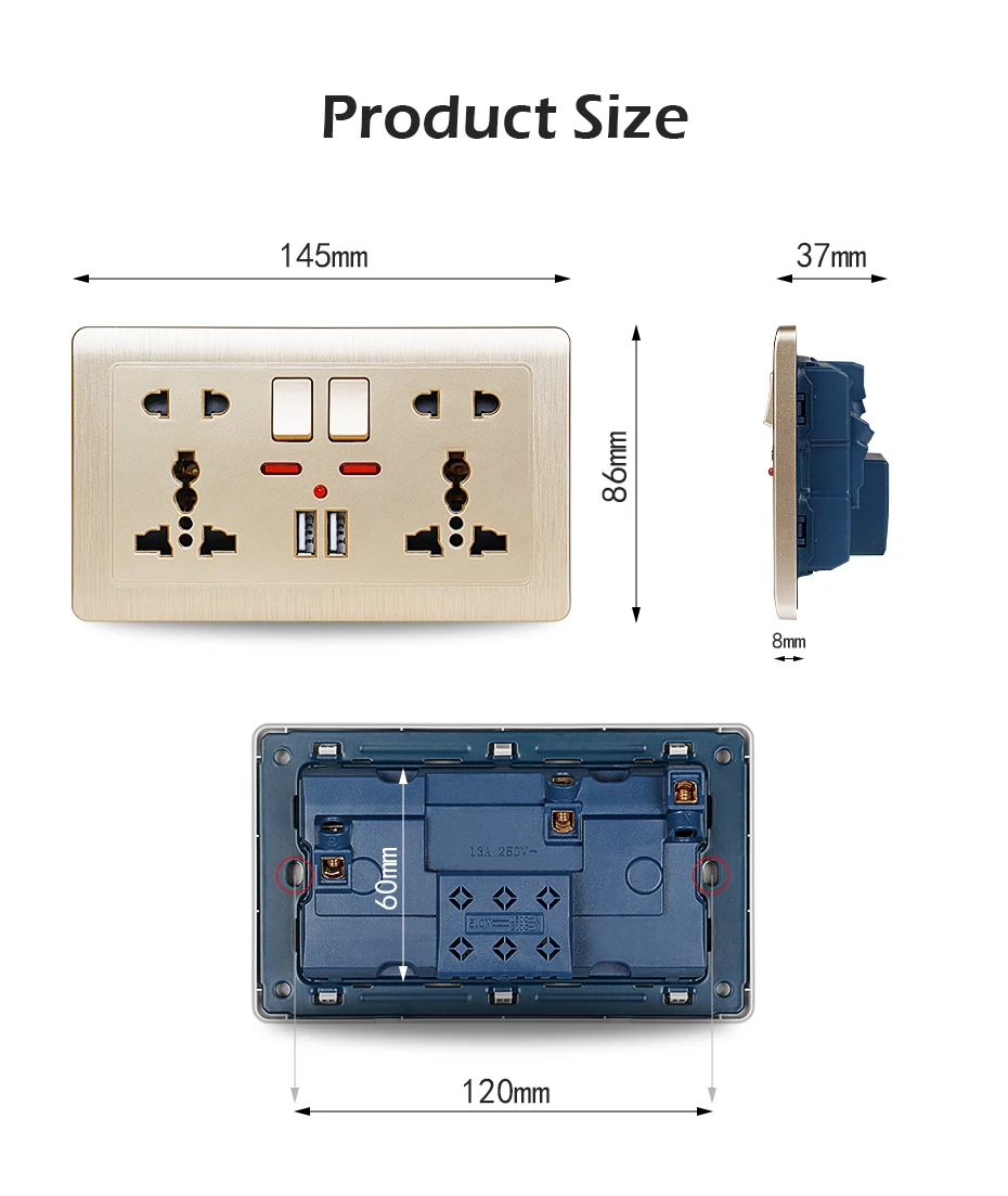 Minitiger Золотая настенная розетка с двойным универсальным 5 отверстием, переключаемая розетка 2.1A, двойной USB порт зарядного устройства, светодиодный индикатор 146 мм* 86 м