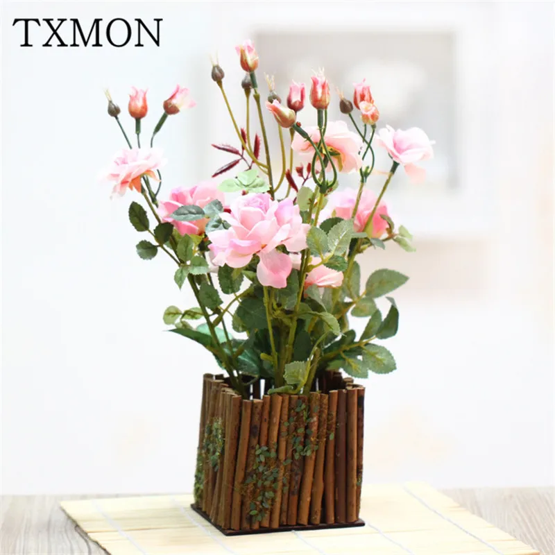 

TXMON Wooden fence simulation rose fake plant potted garden home living room garden decoration potted flower shooting props