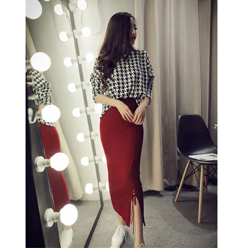 2015 Autumn Brand New High Quality Fashion Warm Solid Color Knitted Tight Split Pencil Knit Skirts Women Winter Long Skirts