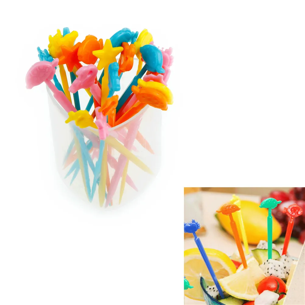 

TPXCKz 24pcs Disposable Forks Stick Food Fruit Picks Cartoon Fish Star Kid Toy Safe Tableware Kitchen Decor Party Gift Accessory