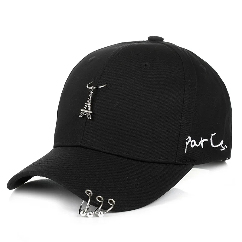 

Hip Hop Female Baseball Hat Punk Rivets Ring Eiffel Tower Snapback Hats For Women Men Solid Black Baseball Cap Casquette