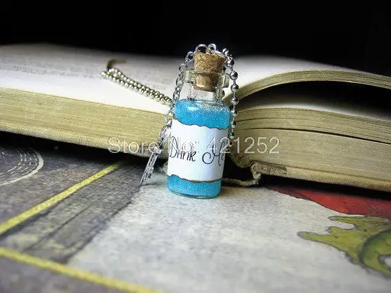 

12pcs/lot Drink Me necklace with key charm Alice in Wonderland inspired Glass Bottle Neckace