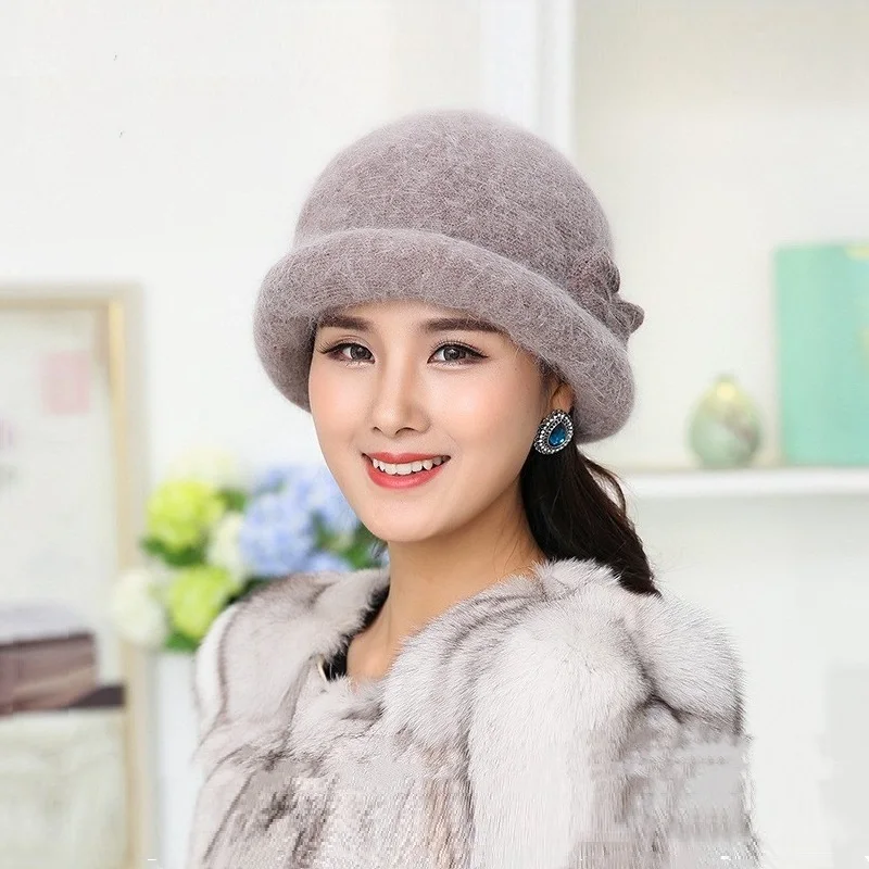 

New Winter Hat Sets For Women Warm Knitted Floral Skullies Solid Color Wool Mixed Rabbit Fur Beanies Baggy Headwear Cap