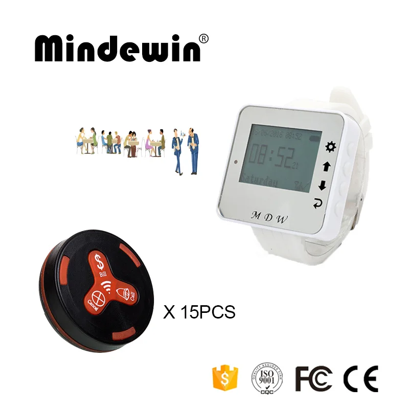 Mindewin 433 МГц ресторанная Беспроводная система вызова пейджер 15 шт настольная кнопка вызова M-K-3 и 1 шт часы пейджер M-W-1 - Цвет: Black red