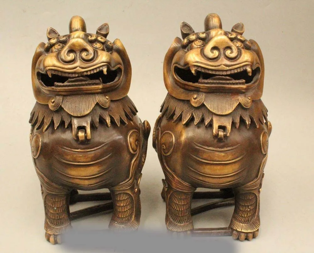 

8" Chinese Purple Bronze Lion Foo Dog Beast Statue Incense Burner Censer Pair