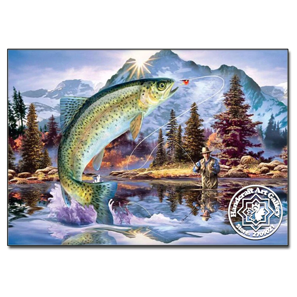 New 3D DIY Diamond Painting Cross Stitch Fisherman Fishing Crystal