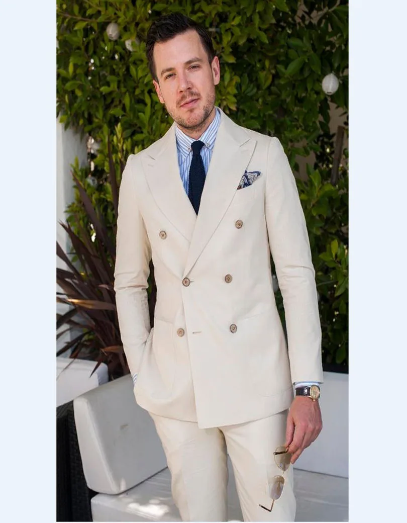 Двубортный смокинг для шафера, жениха бежевый мужской свадебный костюм вечерние приталенный костюм мужской костюм(пиджак+ брюки