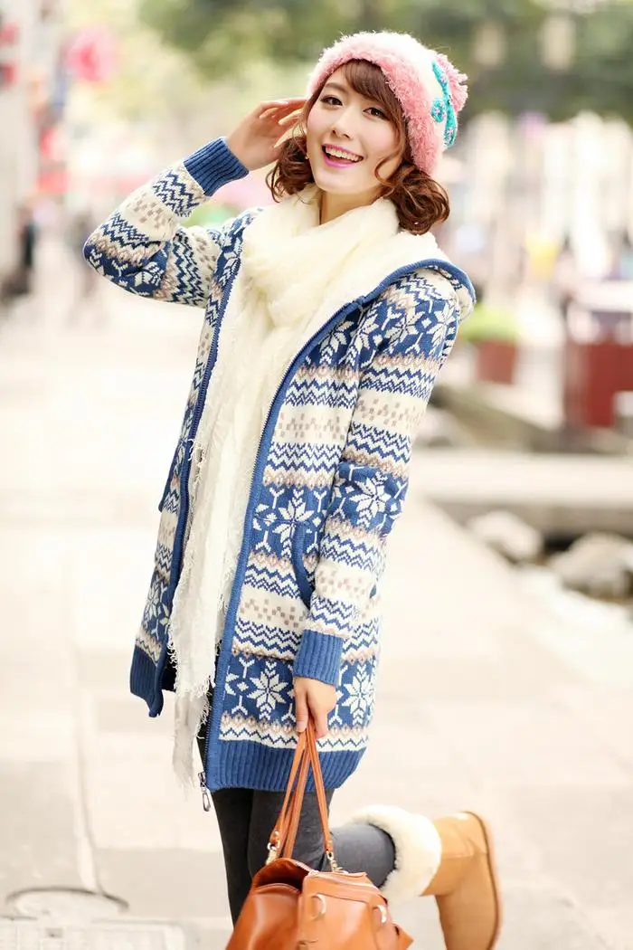 2018 Long red Winter Black Thick Cotton Women Hat Spring Coat Ladies With Fleece Warm blue Sweaters Sweater Knitted Snowflake Cardigan YrFY4w