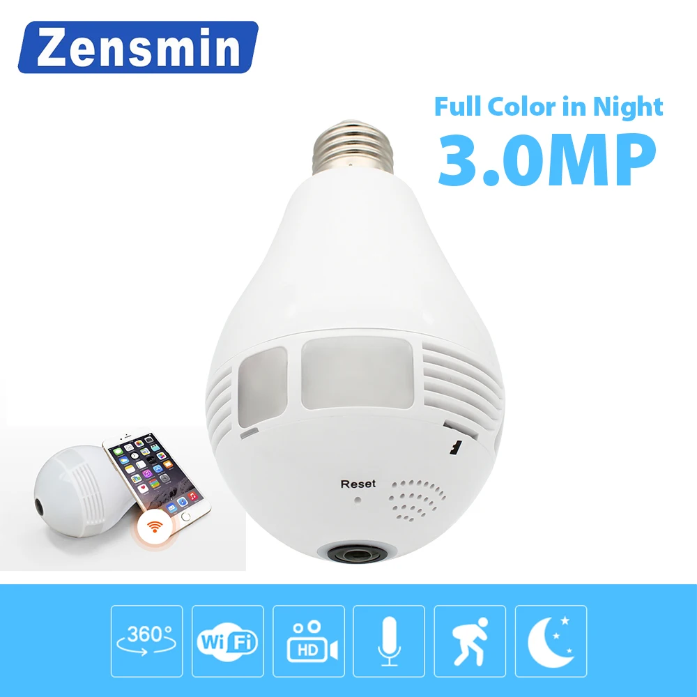 

Zensmin Bulb Light Wireless IP Camera Wi-fi FishEye 960P/3MP 360 degree VR CCTV Camera 1.3MP Home Security WiFi Camera Panoramic