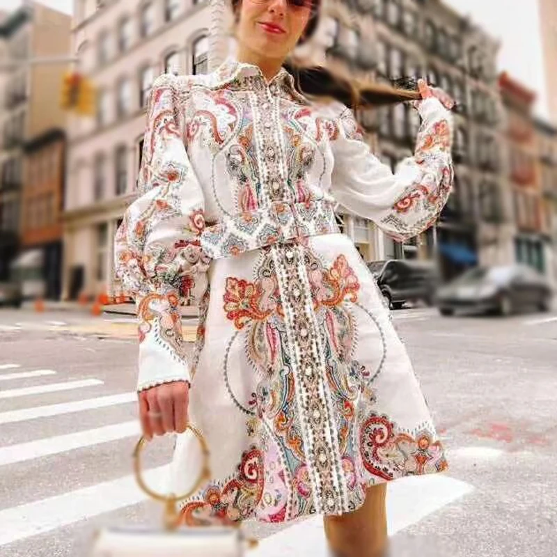 

2019 Fashion Spring and Summer Show Dress Women Puff Sleeve A-Line Mini Dress Court Baroque Wind Print Shirt Silk Dress