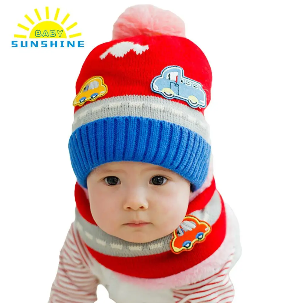 Newborn Cute Ball Pompom Winter Baby Hat Kids Girl Boy Car Pattern