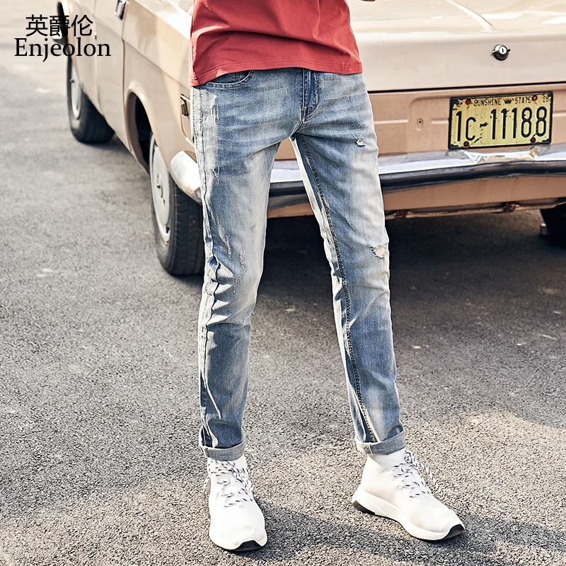 

Enjeolon brand new top quality full length blue hole jeans men fashion long trousers men stright jeans males Causal Pants K6619