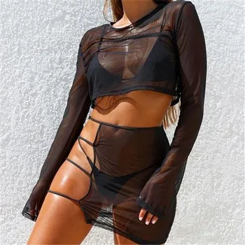 

Sexy Perspective Suit Skirt Sheer Mesh Club Sets Women Summer Outfits See Through Long Sleeve Crop Tops+Bodycon Party Mini Skirt