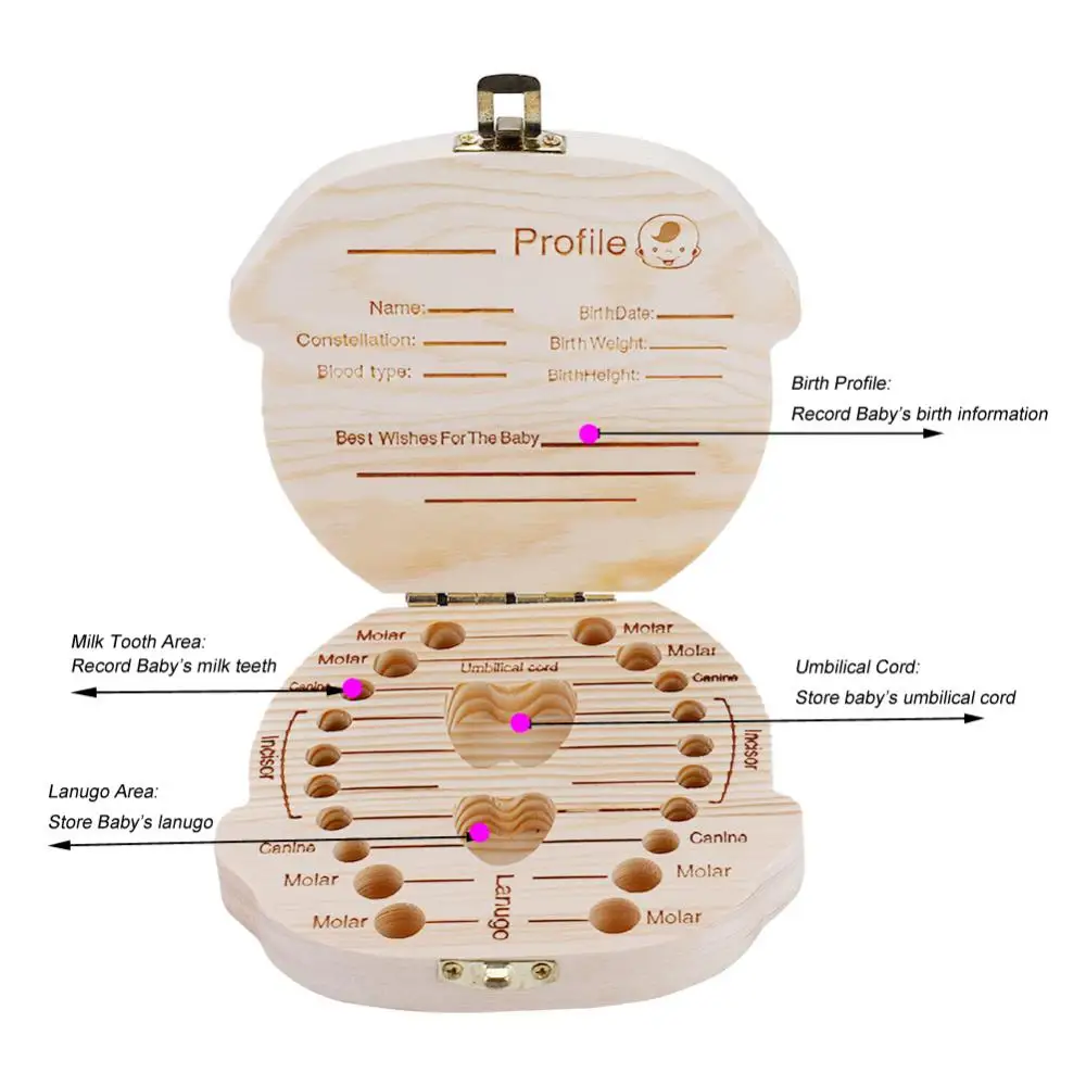 Деревянная коробка для хранения для детей, коробка для хранения зубов, органайзер, коробка для хранения молочных зубов, органайзер, испанский/Английский чехол