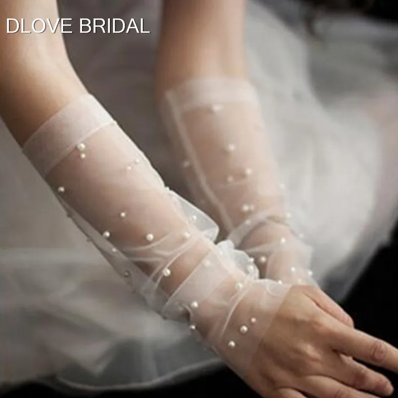 

Vintage Pearl Sheer Tulle Gloves Wedding Bridal Party Gloves Fingerless Elbow Photo Shooting Accessory 30cm