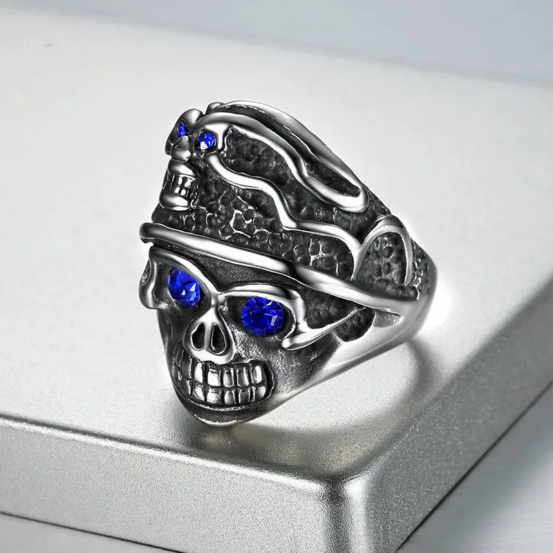 Stainless Steel Skull Christmas Party Gifts Big Rings For Women Men Blue Crystal Punk Ring Drop Shipping