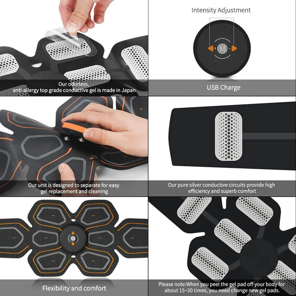 EMS ABS Trainer Abdominal Electro Stimulator Electrostimulation USB Charged Fitness Home Workout Gym Muscle Toning Belts (5)