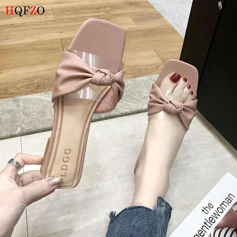 

HQFZO Casual Transparent PVC Slippers Fashion Platform Metal Flip-flops Wome Square Heel Sandals Open Toe Summer Female Shoes