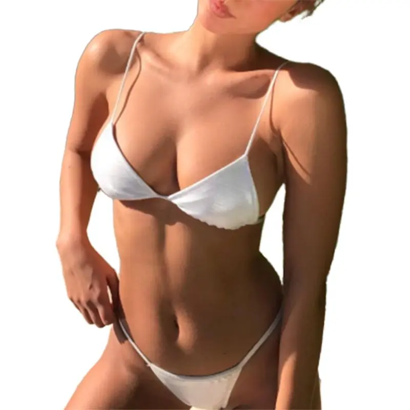 

Women Sexy Two Piece Bikini Set Metallic Glitter Solid Color Swimsuit Spaghetti Straps Ruched Triangle Bra Low Waist T-Back Thon