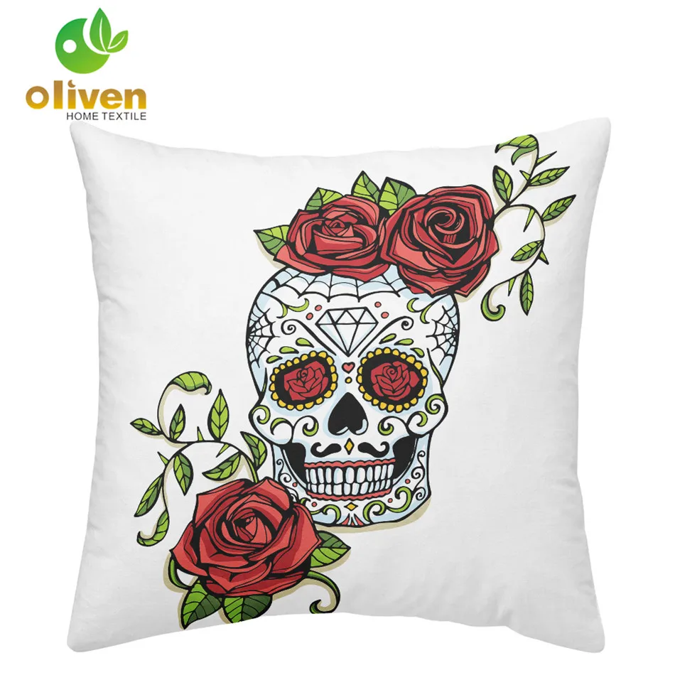 Colorful Sugar Skull Cushion Cover Red Rose Print Throw Pillows White Black Square Pillow Case Halloween Home Decor D15 | Дом и сад