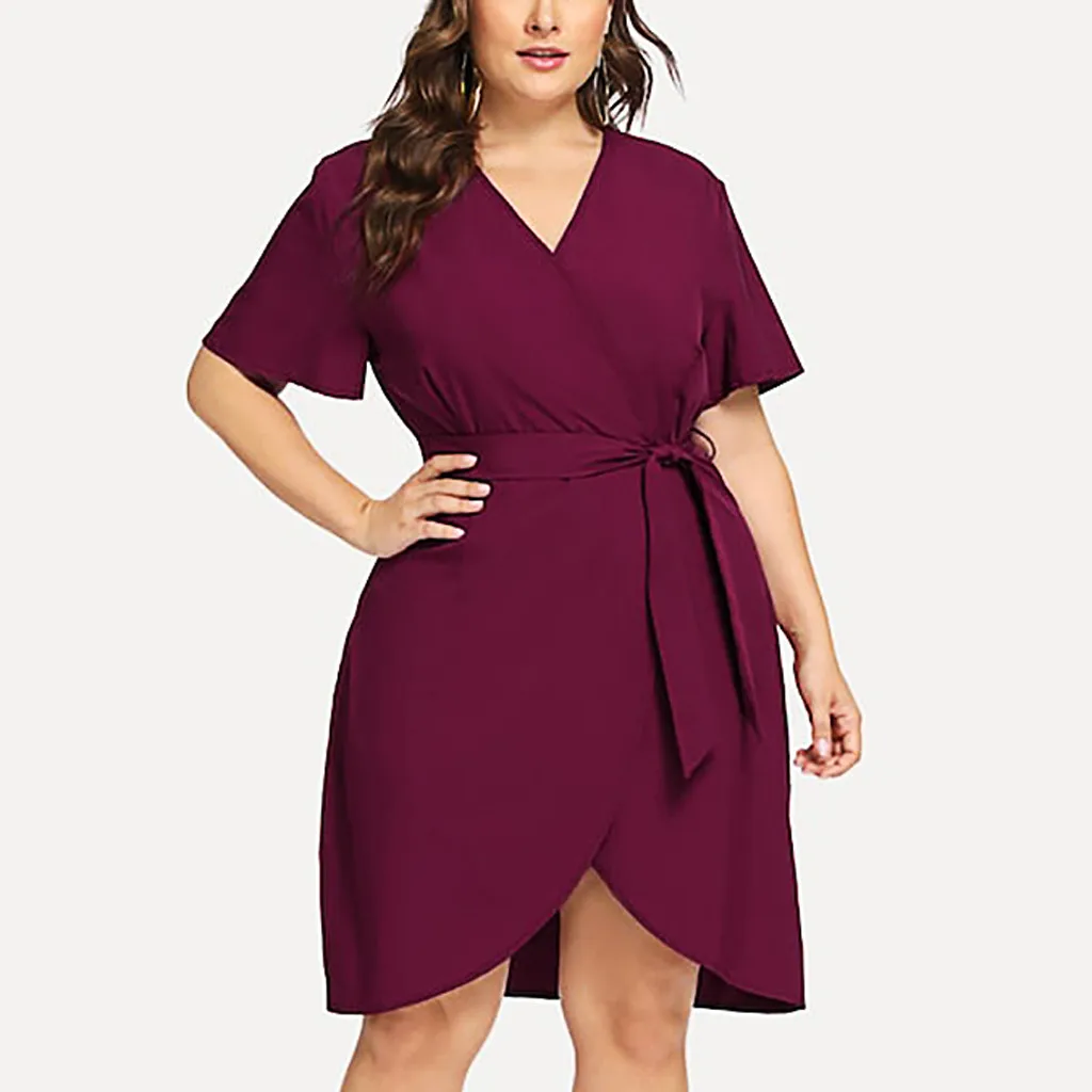 

SAGACE Fashion Women Casual V-Neck Belt Bandage Solid Curved Hem Surplice Wrap Dress A-Line Polyester Summer Dress hot July 17