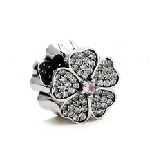 Лепестки стерлингового серебра 925 сверкающие очаровательные цветы с розовыми и прозрачные бусины из циркона подходящие амулеты DIY Браслеты для женщин подарок