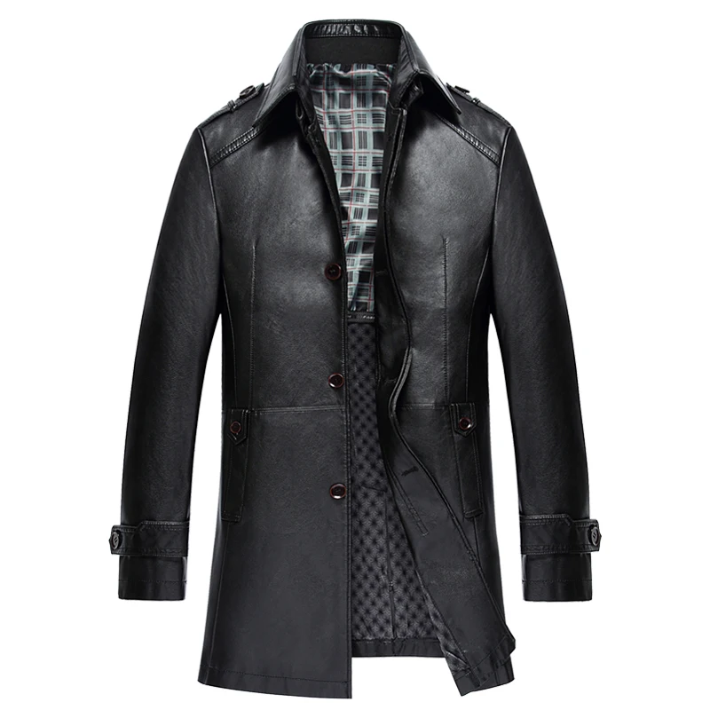 Winter PU Leather Jacket Men Long Trench Coats Turn down