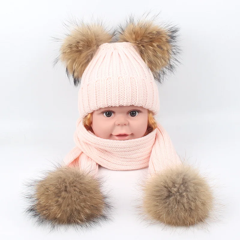

Baby Hat Natural Raccoon Fur Baby Cap + Scarf Two Pompom Kids Caps Winter Children's Knit Hats with Pompom Baby Bonnet