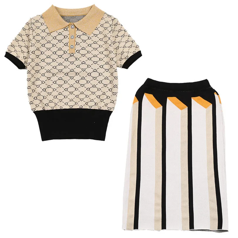 2018 Summer Runway High Quality Women Vintage Knitted Set Letter Luxury Jacquard POlo T Shirt+Fashion Brand Slim Short Skirt
