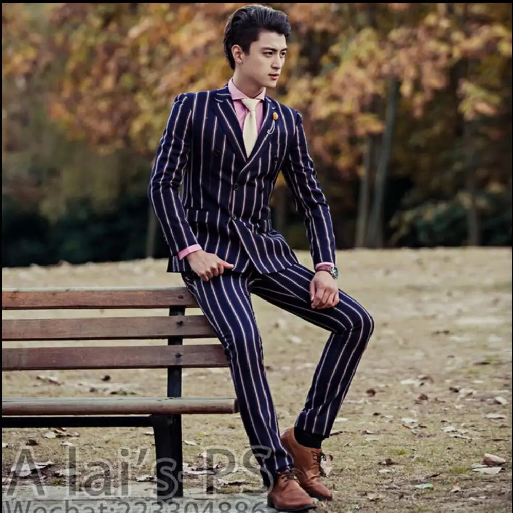 S XXL New men formal wedding dress blue stripe suits Plus Size Double