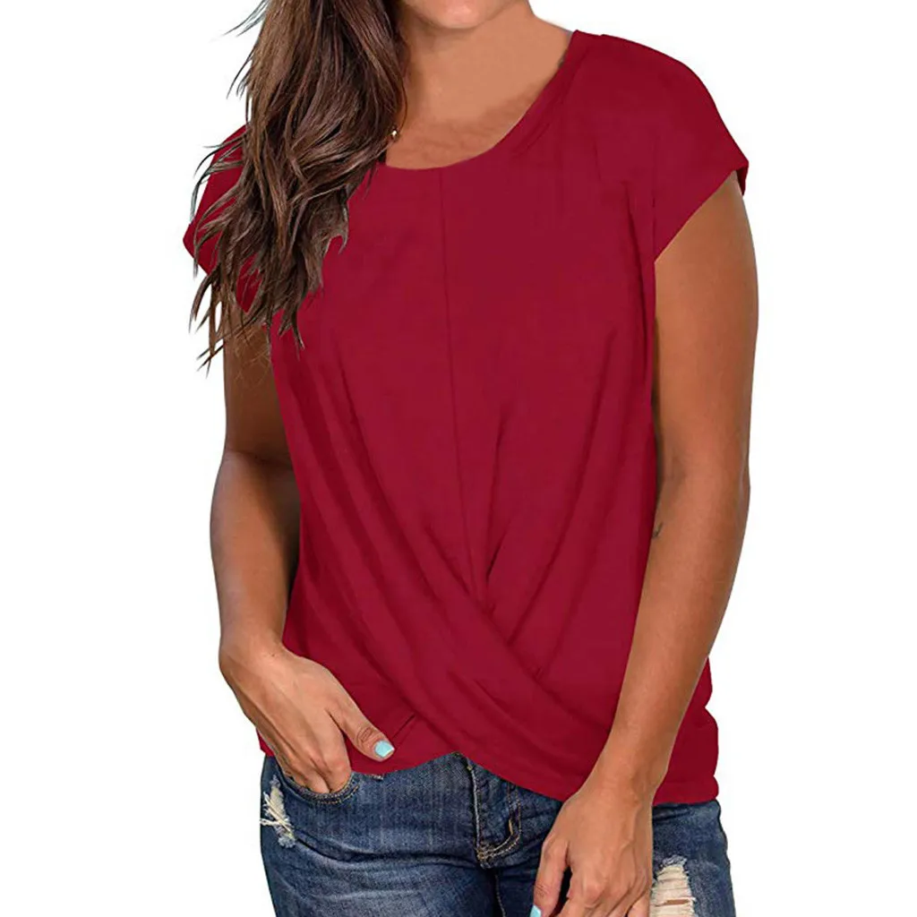 

2019 FashionWomens Summer Short Sleeve Solid Top Casual Round Neck Slim Blouse Simple Style Soft Top chemisier femme #D5-8