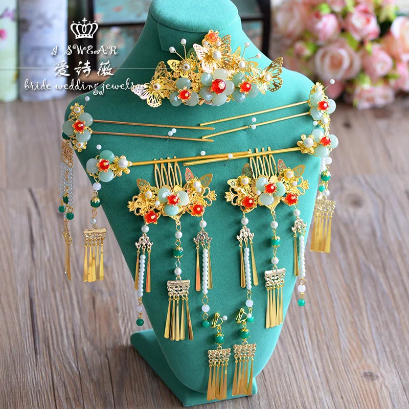 

Chinese costume styling green rhinestone hair sticks coronet hair combs sets women bride headdress wedding hair accessories