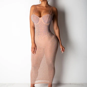 

Mesh Sheer Rhinestone Long Dress Backless Strapless Strap Off Shoulder Sexy Women See Through Party Bodycon Black Dresses Club