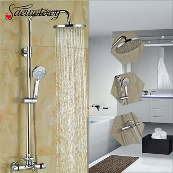 

Saeuwtowy Chrome Thermostatic Bathroom Shower Set 8'' Round ABS Shower Head HandHeld Shower with Tub Faucet Shower System Mixer