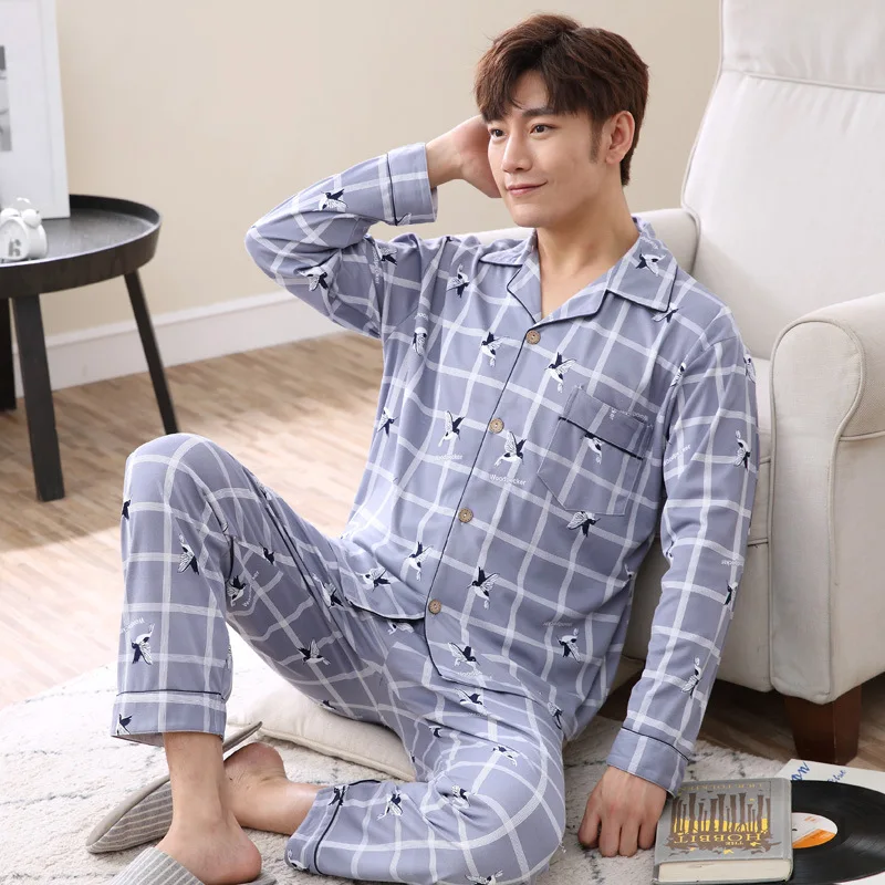 Для мужчин пижамный комплект хлопок с длинным рукавом 2 шт. пижамы костюм 2019 новый мужской сна костюмы ночь Домашняя одежда повседневное