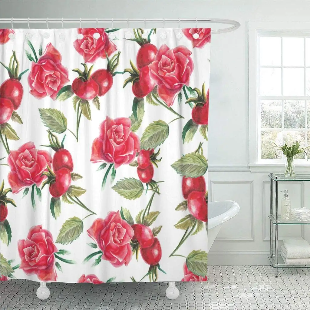 

Shower Curtain with Hooks Colorful Abstract Rose and Rosehip Pattern Red Autumn Berry Branch Color Detail Drawing Bathroom