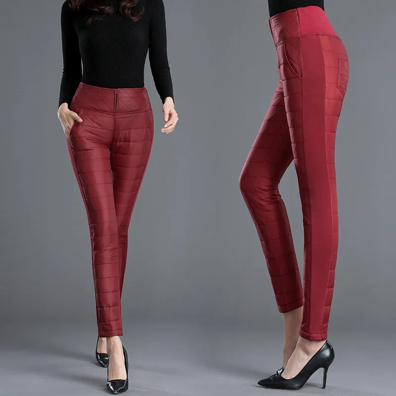 Женские узкие брюки-карандаш размера плюс 5XL, зимние Пуховые хлопковые брюки, женские брюки, плотные теплые женские Стрейчевые брюки с высокой талией RE2498 - Цвет: Красный